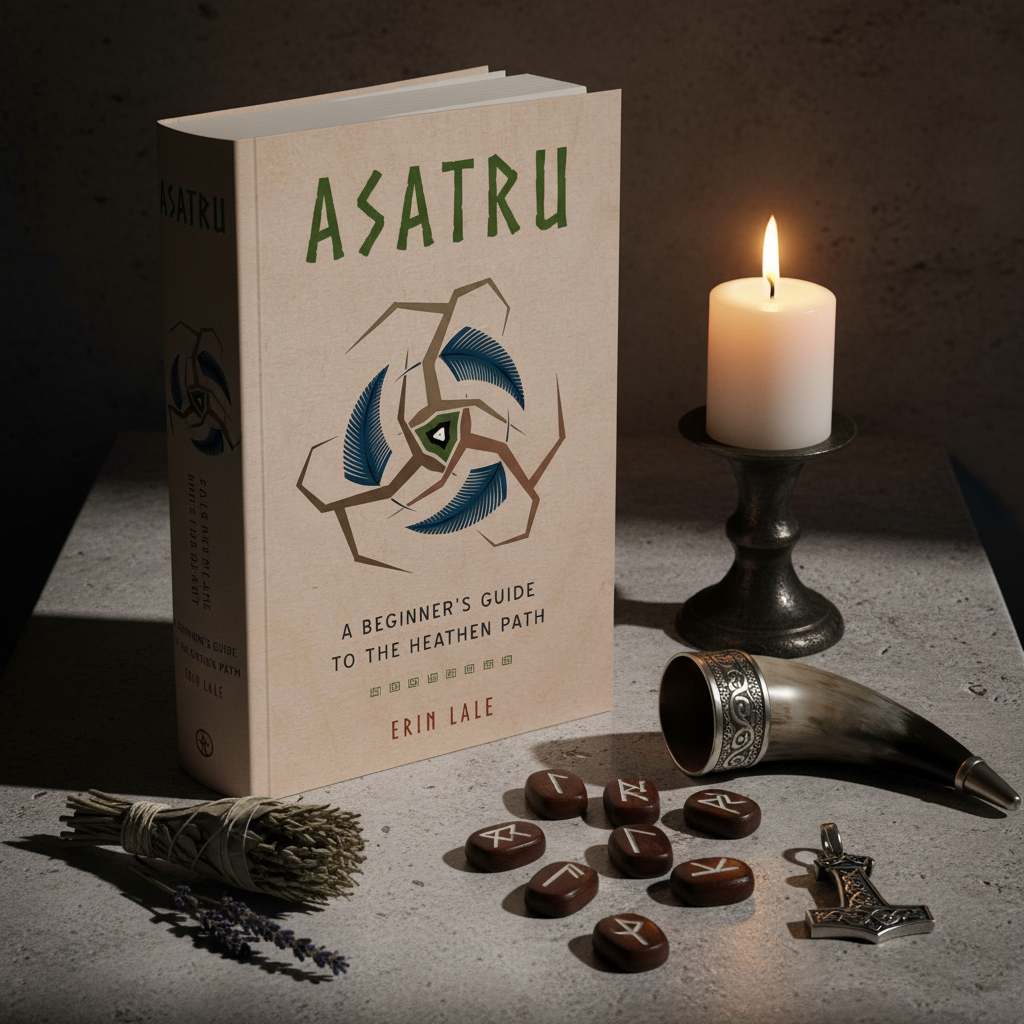 Asatru book with rune stones, Viking drinking horn, dried herbs and candle in warm candlelight