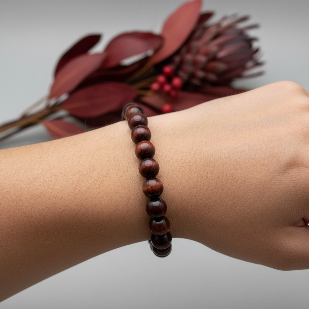 Red Tiger's Eye beaded bracelet worn on wrist showing deep mahogany-red beads with silky chatoyant shimmer