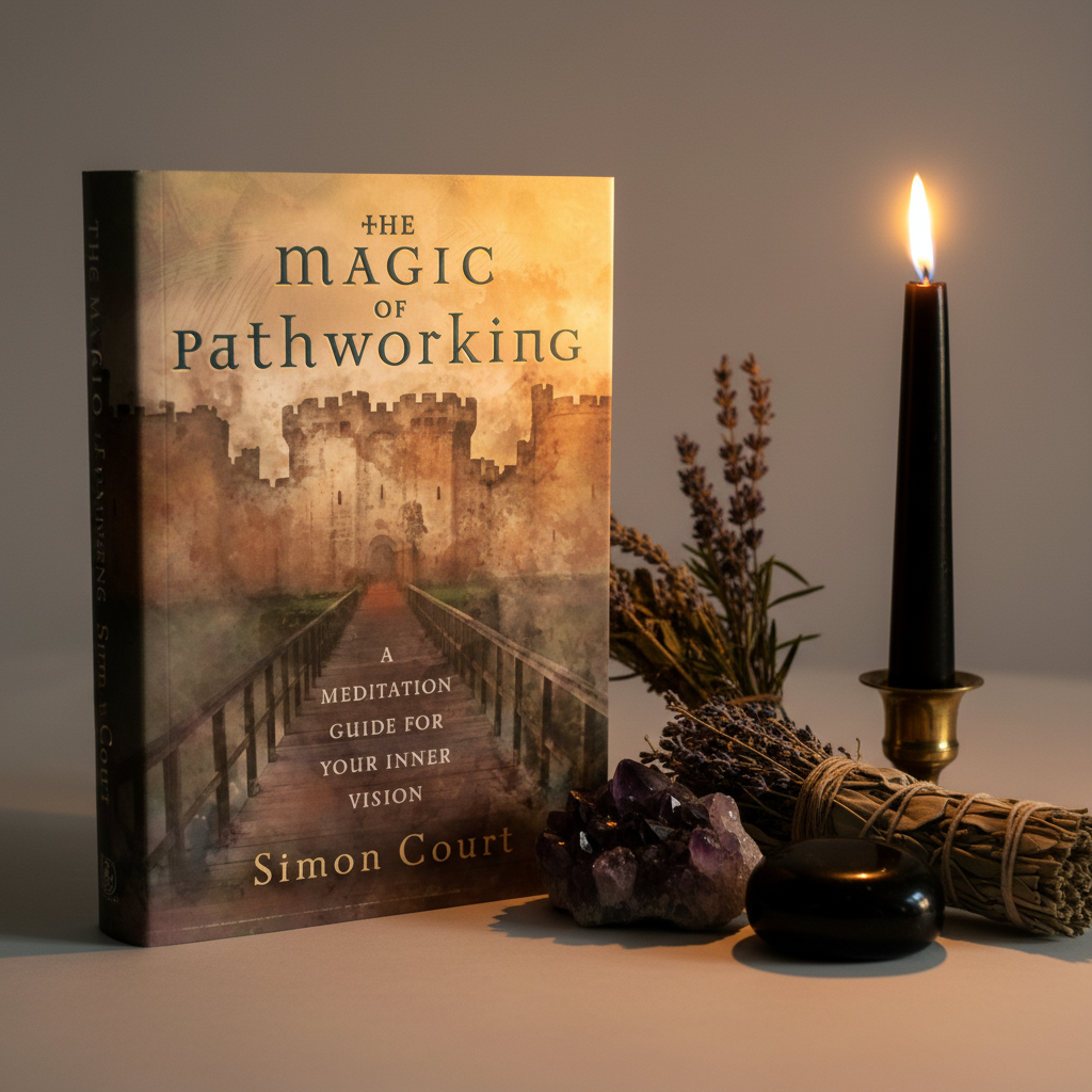 The Magic of Pathworking by Simon Court - hero shot with crystals and scrying mirror on light grey background