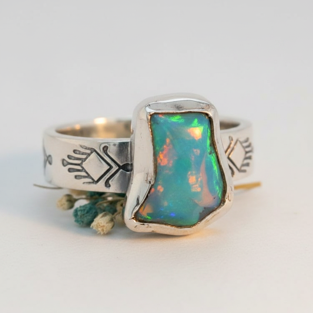 Ethiopian freeform opal sterling silver ring dominant in frame with vivid teal color play and Native-engraved band