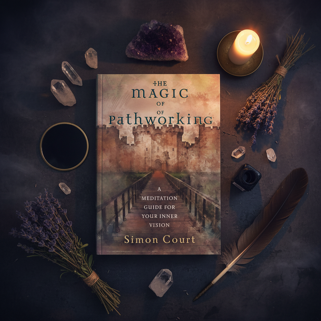 The Magic of Pathworking by Simon Court - dark luxe flat lay with scrying mirror, crystals and candle