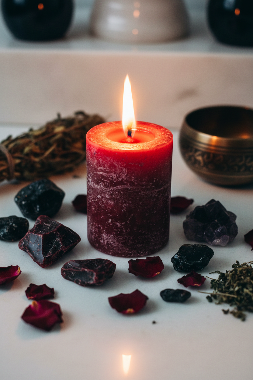 Dragon's Blood candle lifestyle shot lit with flame, crystals and ritual props