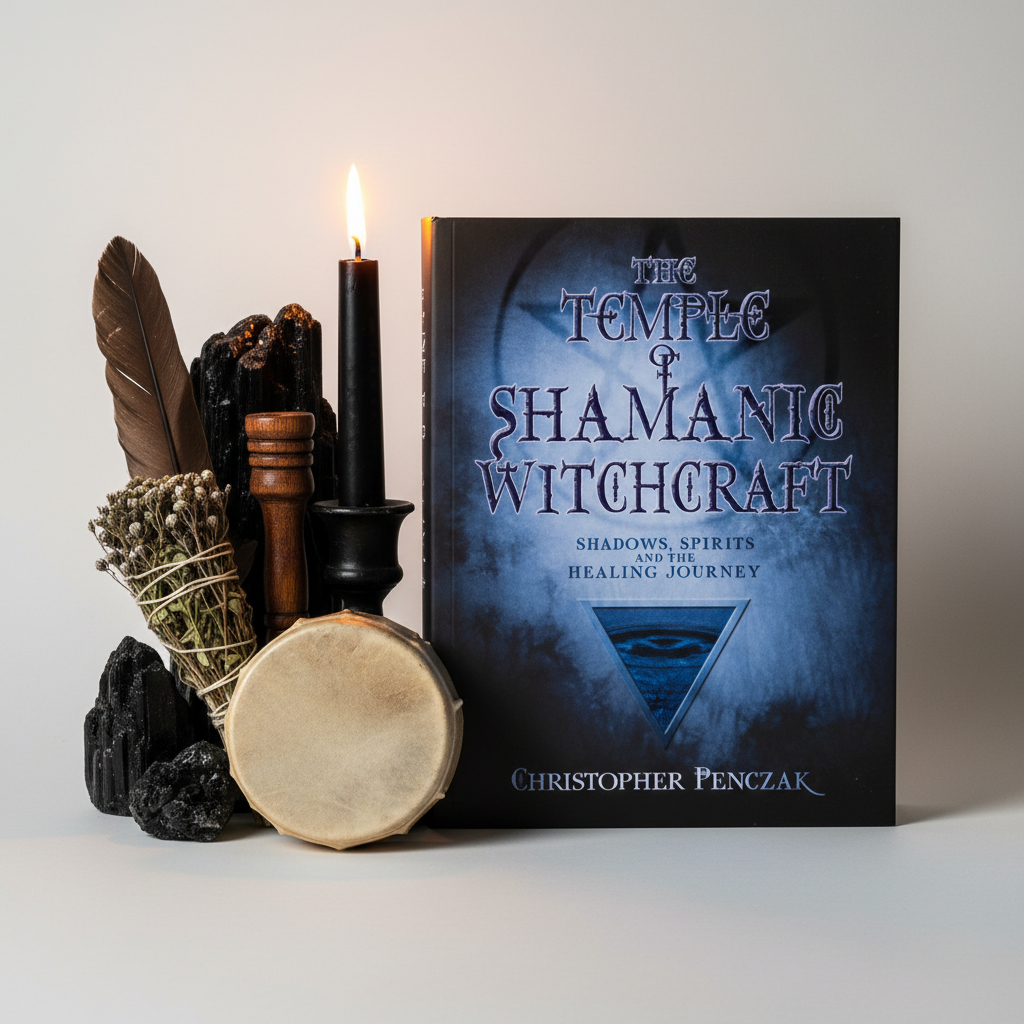 The Temple of Shamanic Witchcraft by Christopher Penczak - hero shot with crystals and feather on light grey background