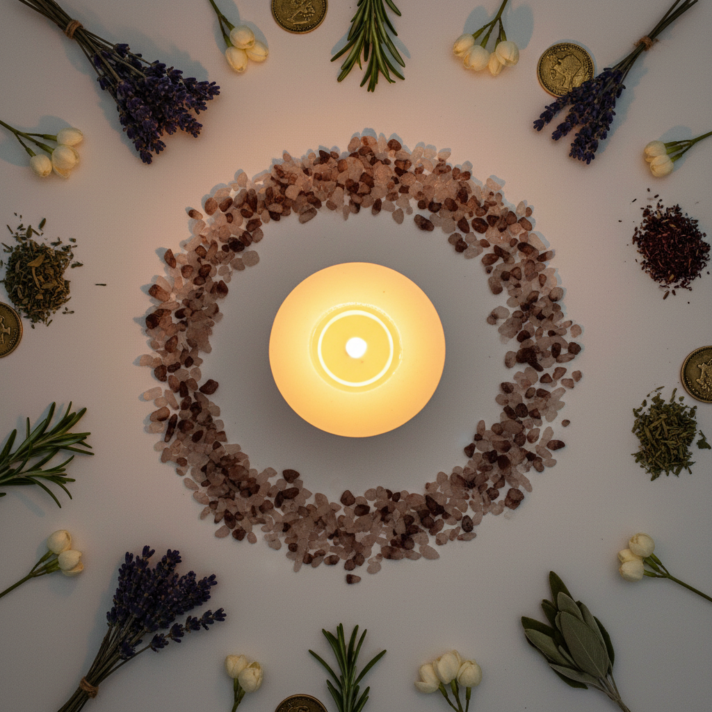 Lithium quartz crystal chips arranged in circle around lit pillar candle with ritual props