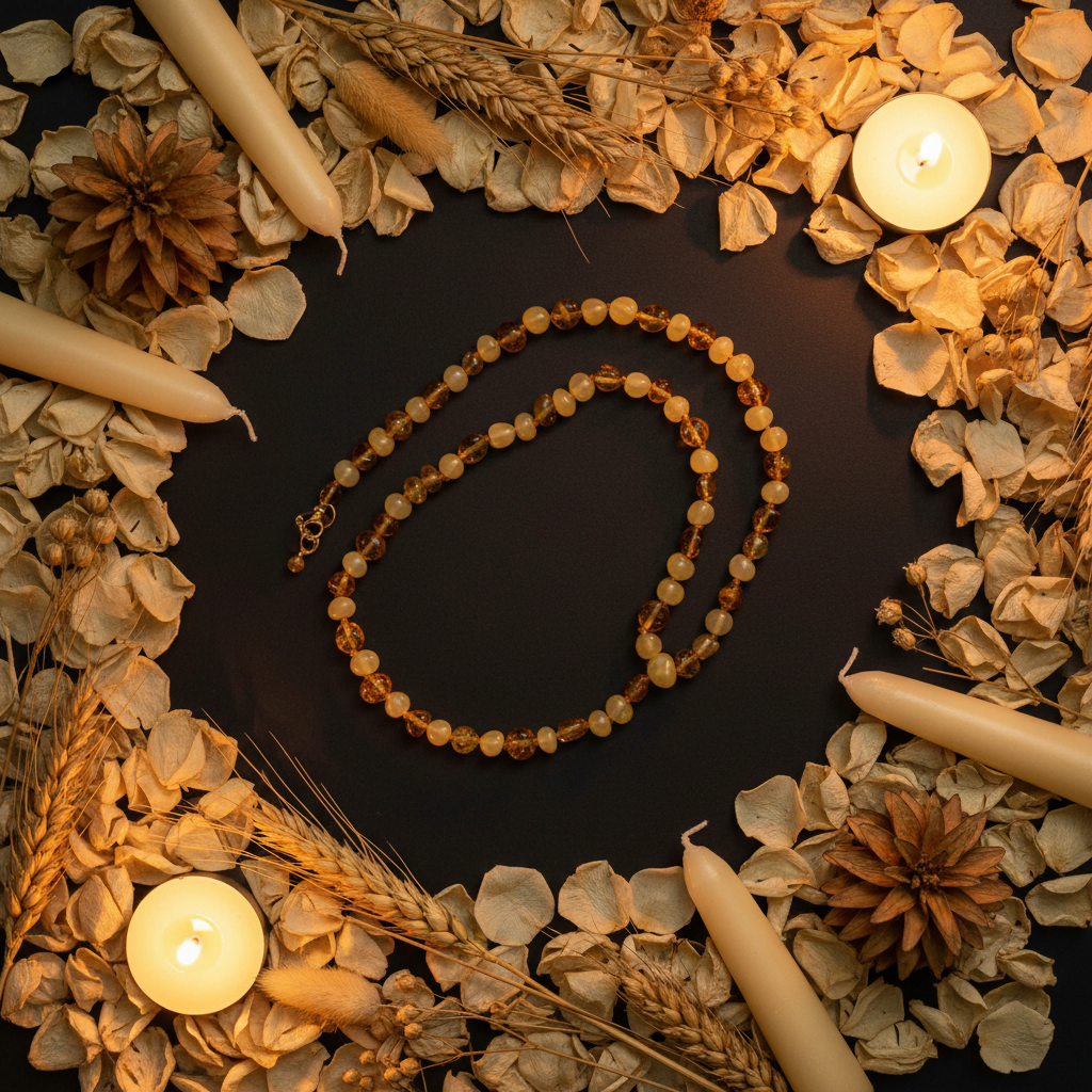 Polished duo gold and cream amber necklace flat lay with cream petals, golden wheat and ivory candles on dark charcoal background