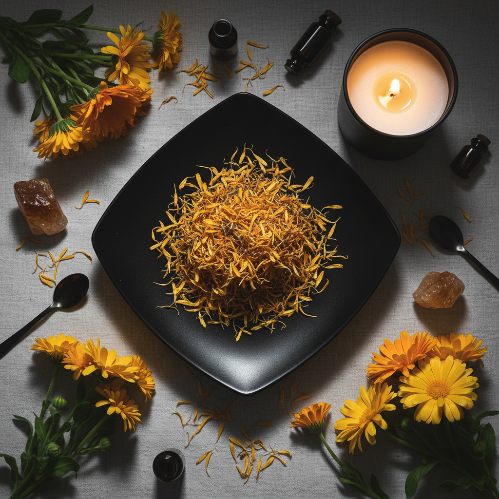 Calendula flowers flat lay top down with props