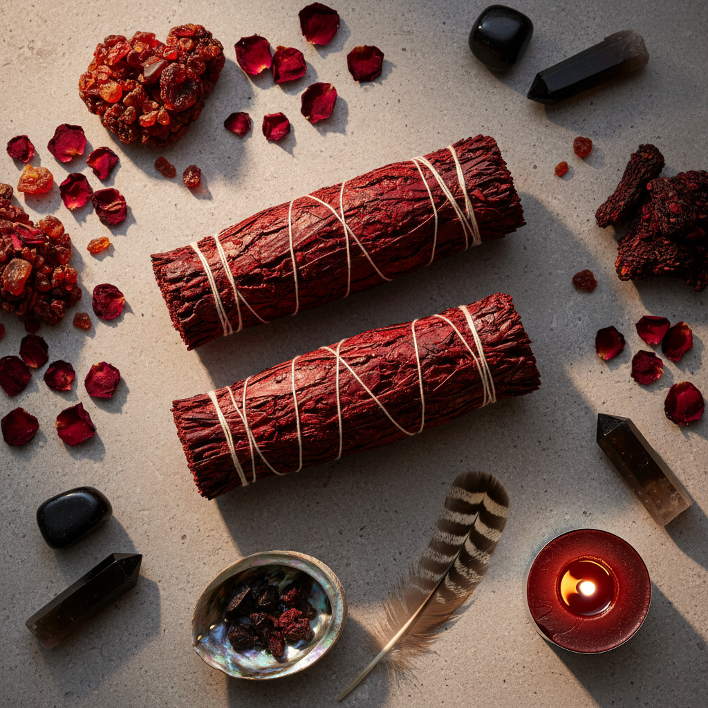 Dragon's Blood White Sage bundles flat lay with resin, rose petals and ritual props