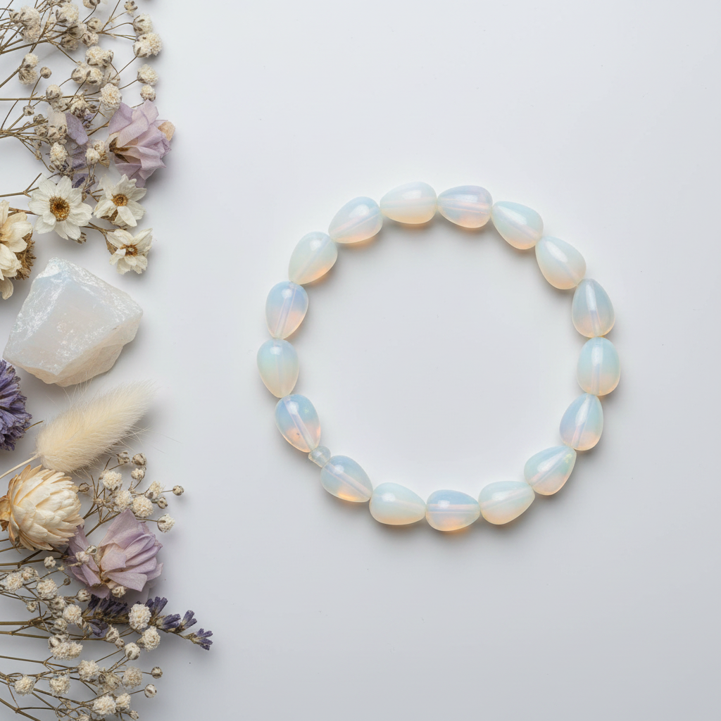 Opalite tumbled nugget bracelet flat in circle with milky iridescent beads and white lavender props on light grey background
