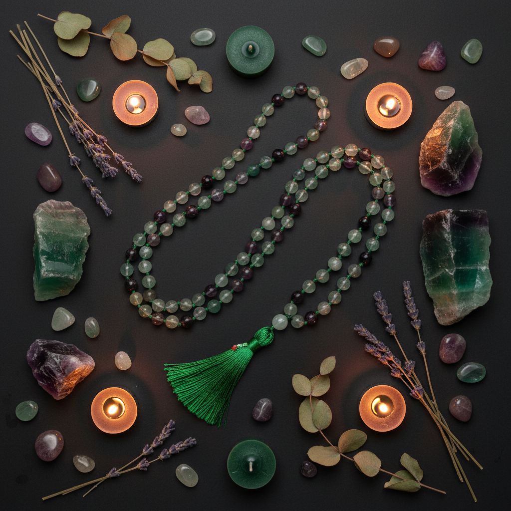 Rainbow Fluorite 108-bead mala in spiral arrangement with raw fluorite, lavender, eucalyptus and candles on dark charcoal background