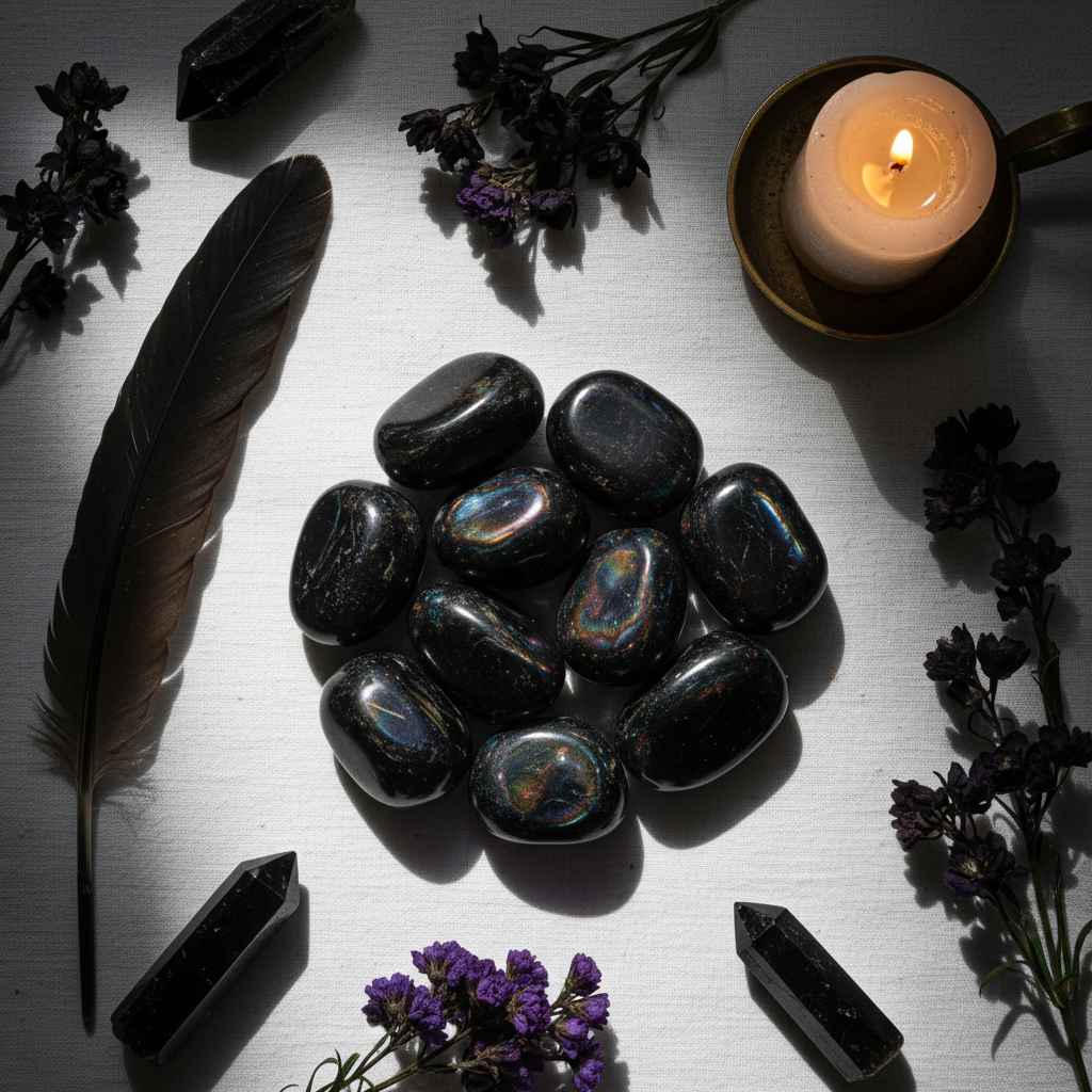 Rainbow obsidian tumbled stones flat lay top-down with dark props and candlelight