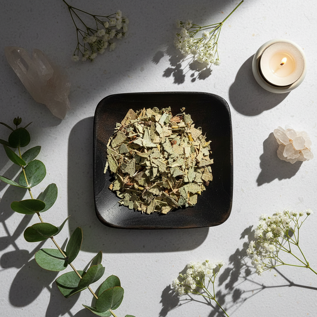 Flat lay of Eucalyptus Leaf herbs on black plate with crystals and candle props