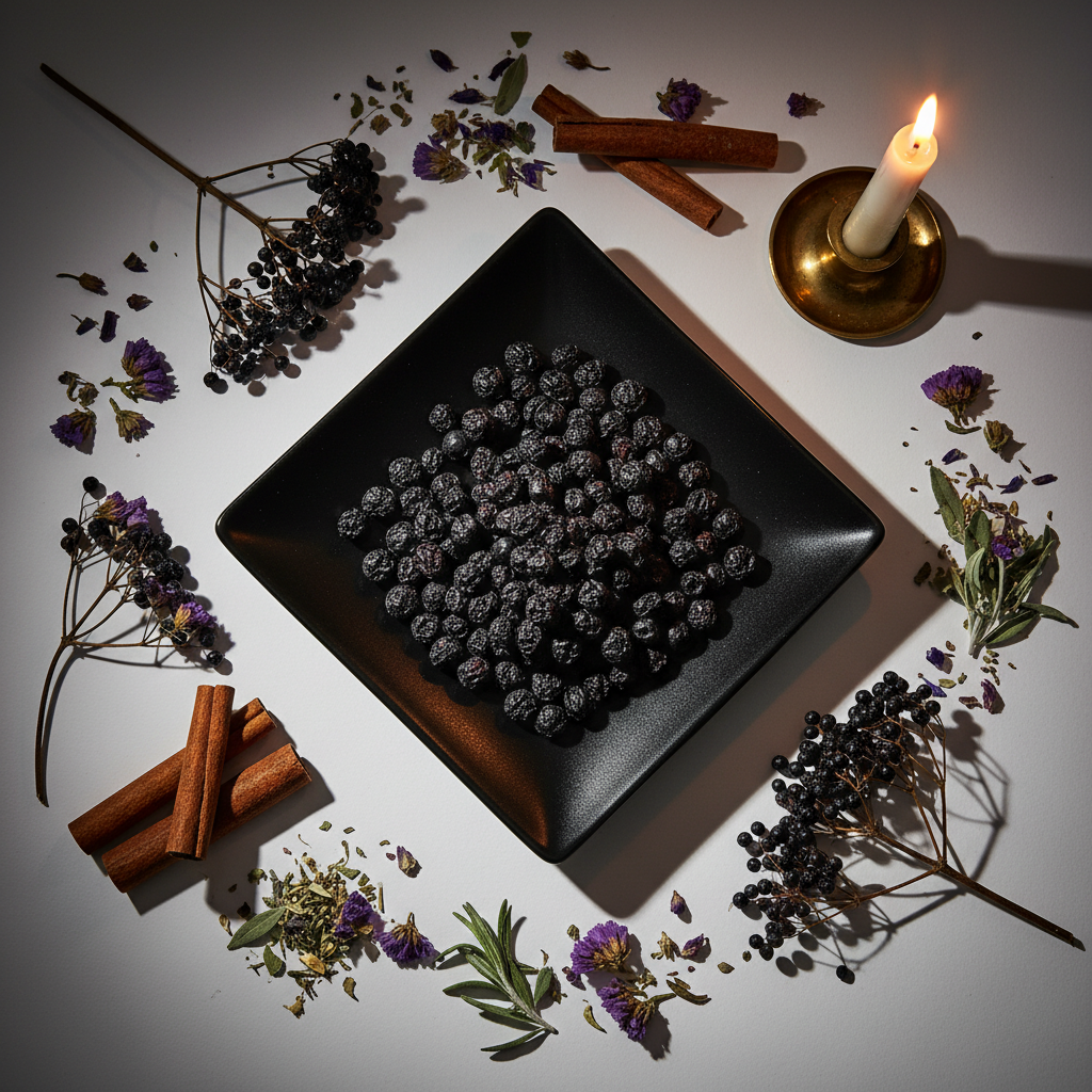 Elderberries flat lay top-down