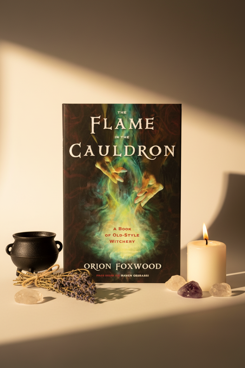 The Flame in the Cauldron book by Orion Foxwood styled with cauldron, candle and crystals