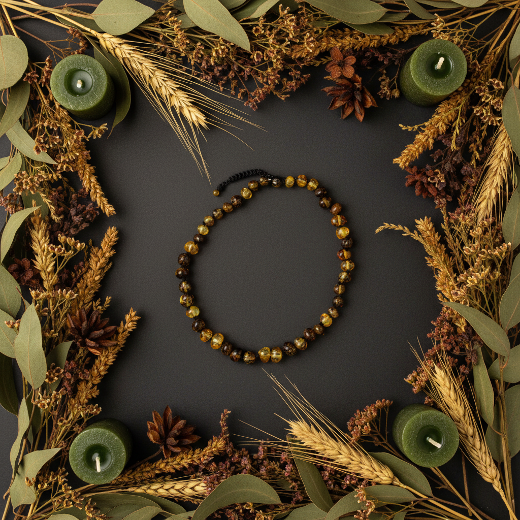 Polished olive mix amber necklace flat lay with eucalyptus, golden wheat and olive candles on dark charcoal background
