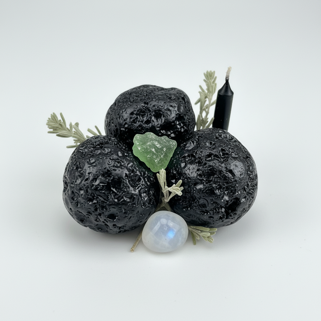 Raw Manitite tektite stones grouped with mugwort and moonstone on light grey background