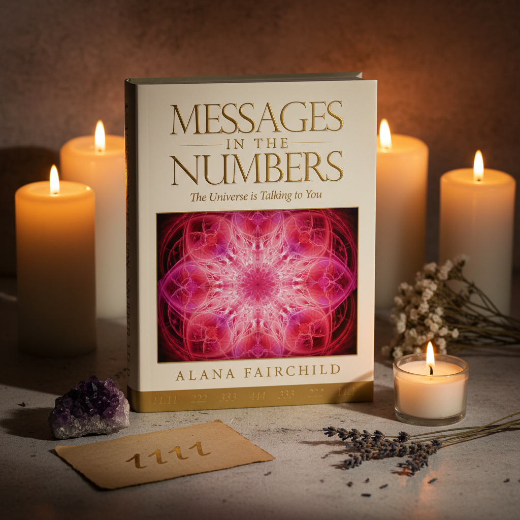 Messages in the Numbers book by Alana Fairchild with gold title and pink mandala cover displayed with amethyst crystal and candle on light grey background