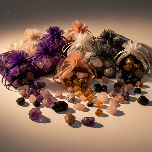 Mystery Crystal Scoop Bag hero shot with colorful tumbled stones spilling out