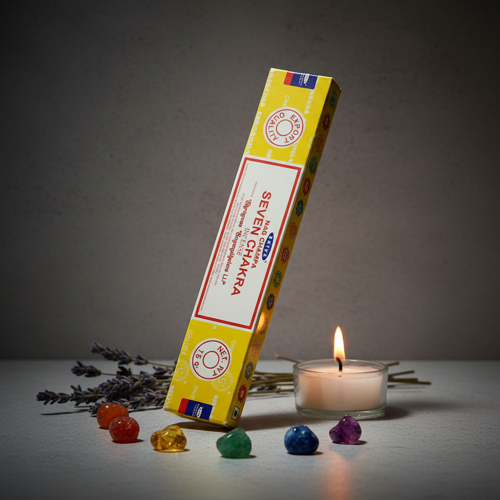 Satya Seven Chakra incense box standing upright with rainbow chakra crystals and candle props
