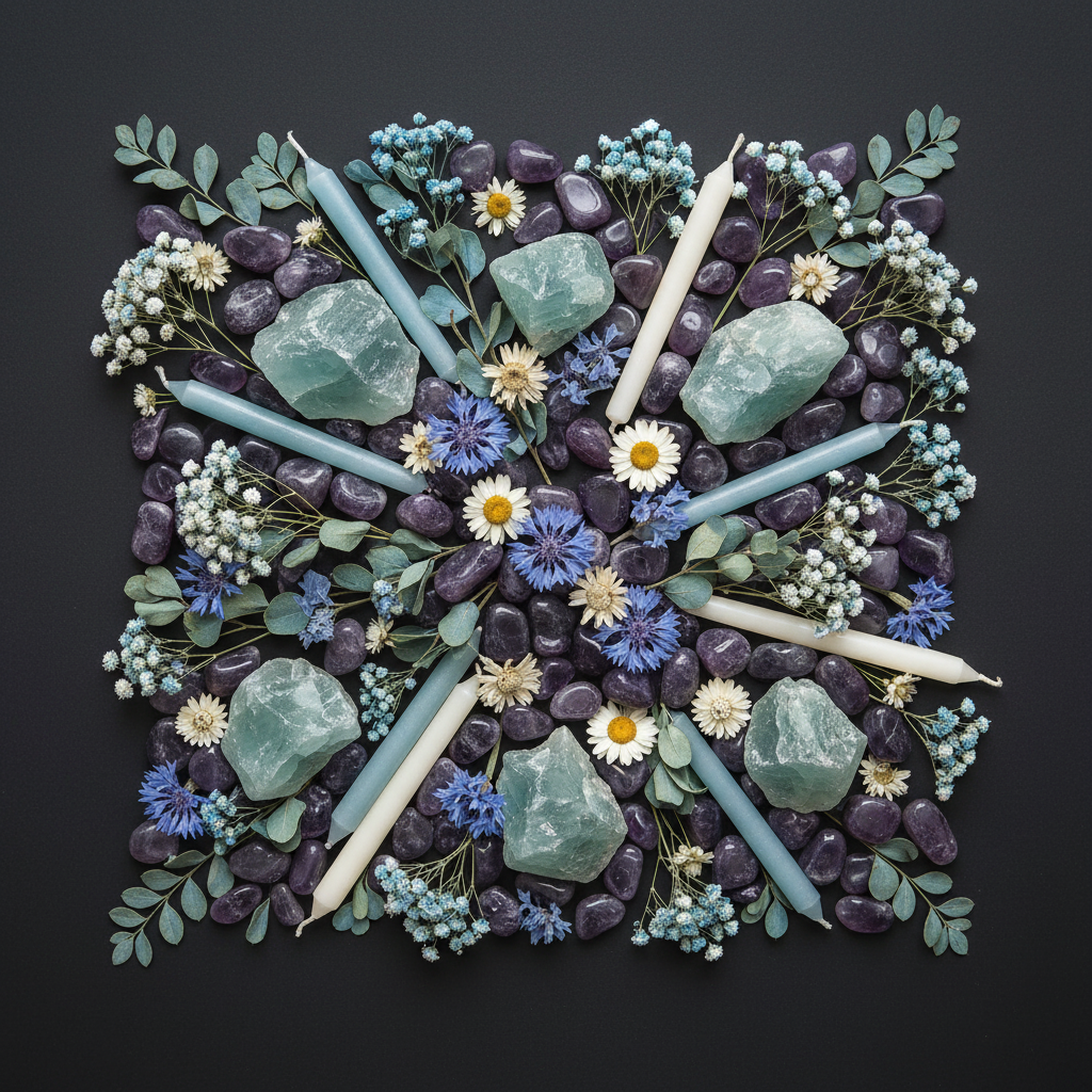 Flat lay with raw pale blue-green fluorite chunks, dark purple tumbled stones, pale blue flowers and white candles on charcoal background
