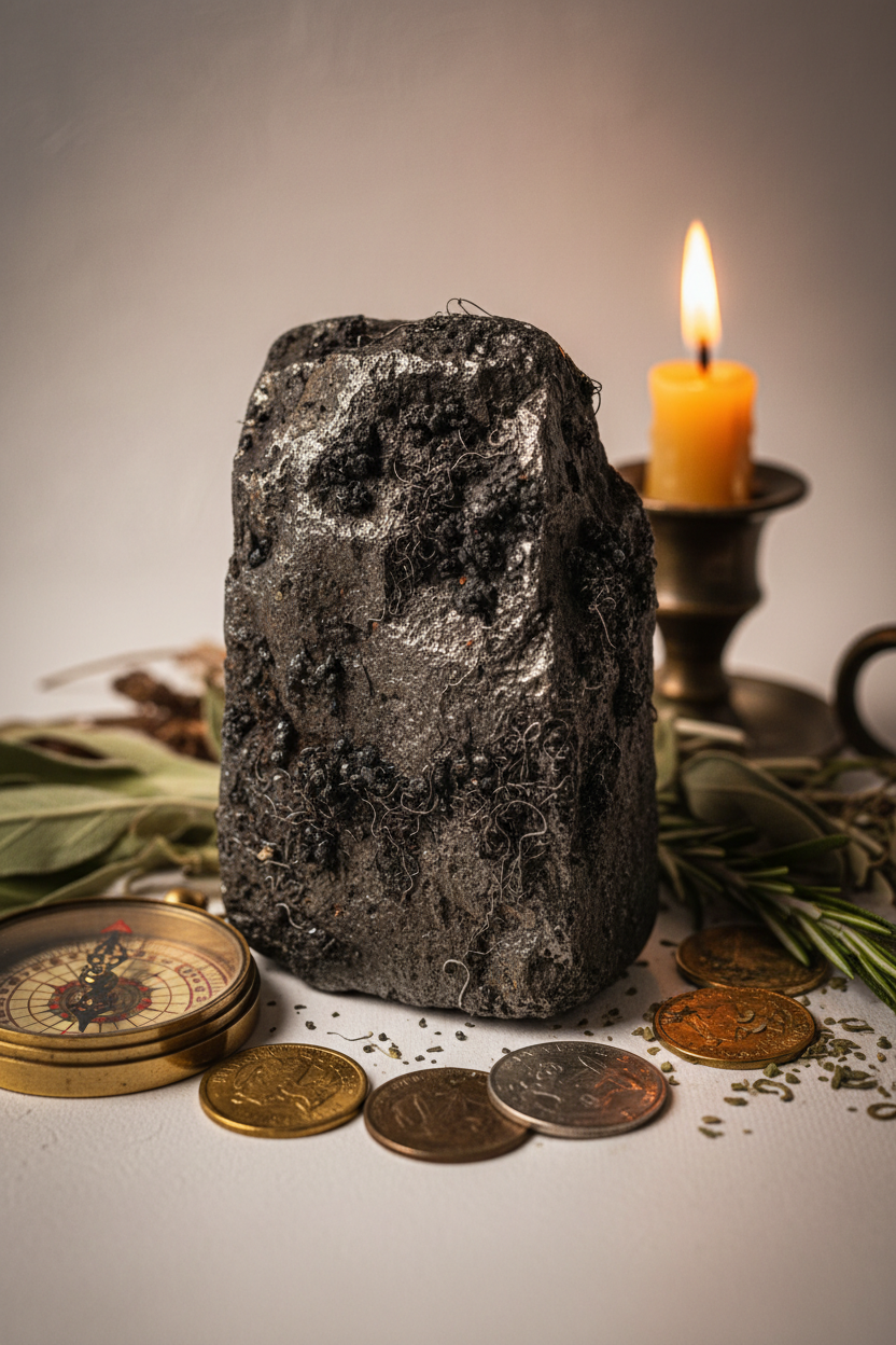 Lodestone lifestyle shot with iron filings showing magnetism, coins and candlelight