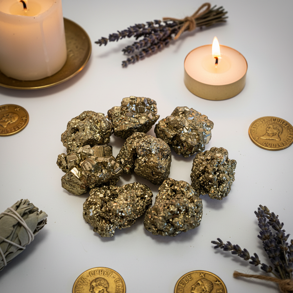 Cluster of pyrite tumbled stones with metallic gold shimmer, gold coins and candle props