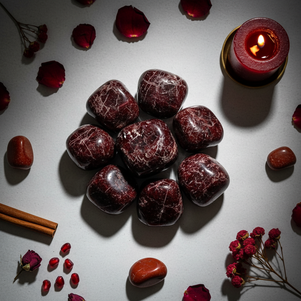 Flat lay of garnet tumbled stones with rose petals, red jasper, cinnamon, dried berries and dark candle on light grey background