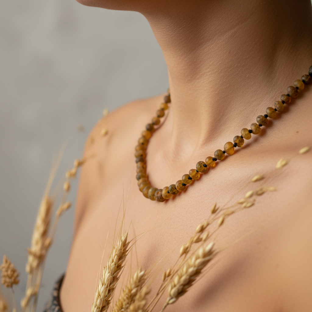 Raw olive Baltic amber necklace worn around neck showing matte golden olive amber beads on black knotted cord