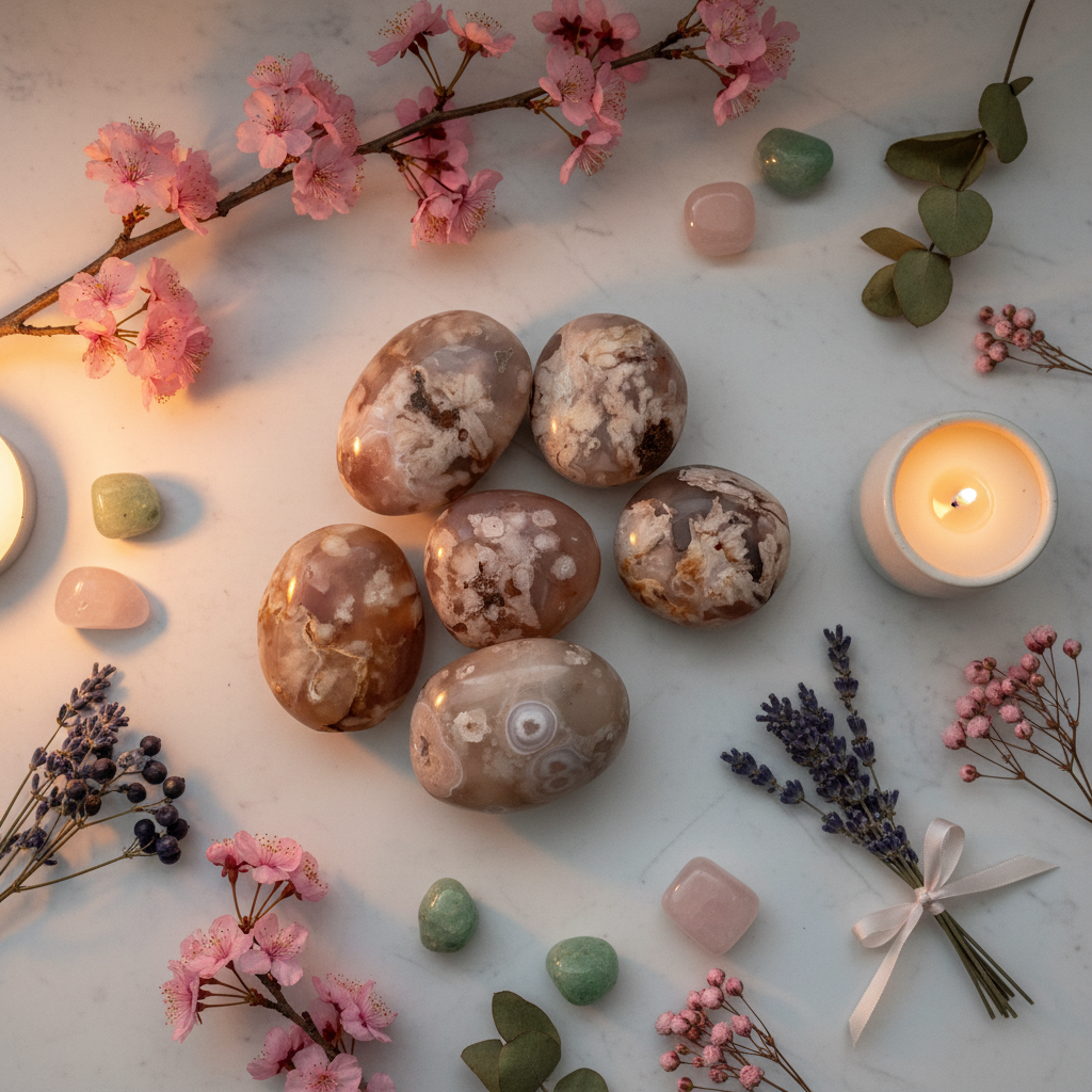 Flat lay of flower agate tumbled stones with pink flowers, rose quartz, green aventurine, dried lavender and candle on light grey background