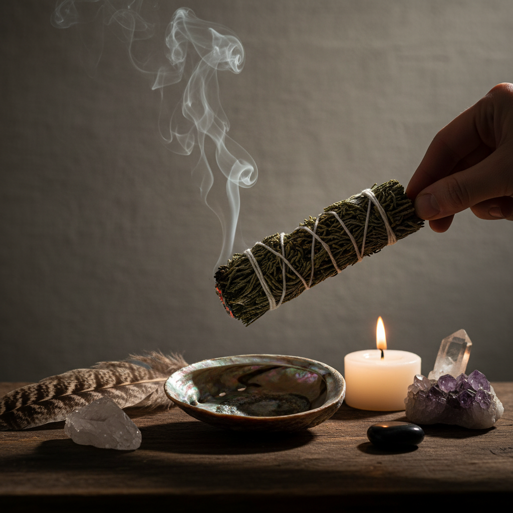 Juniper smudge stick lifestyle shot - lit bundle with smoke over abalone shell