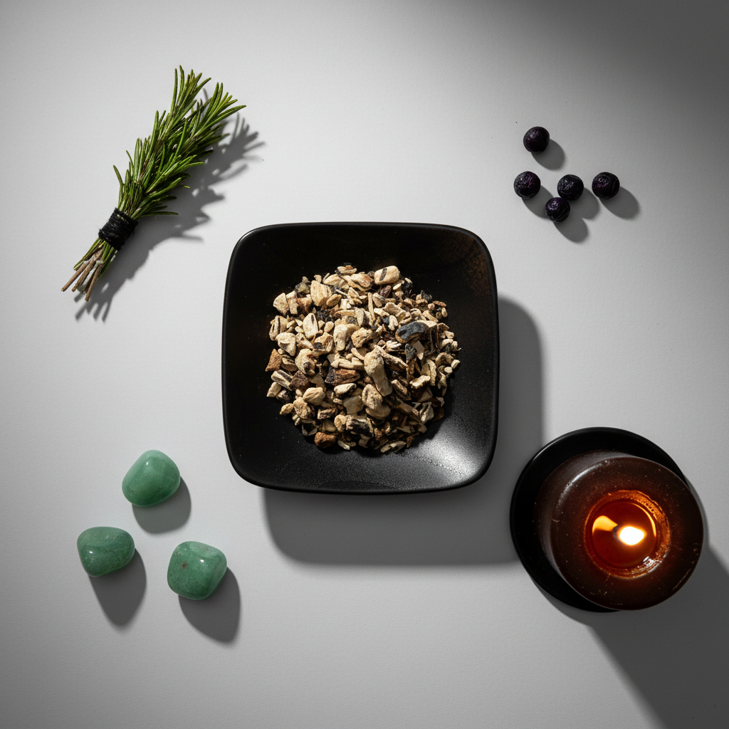 Comfrey root flat lay top down with props