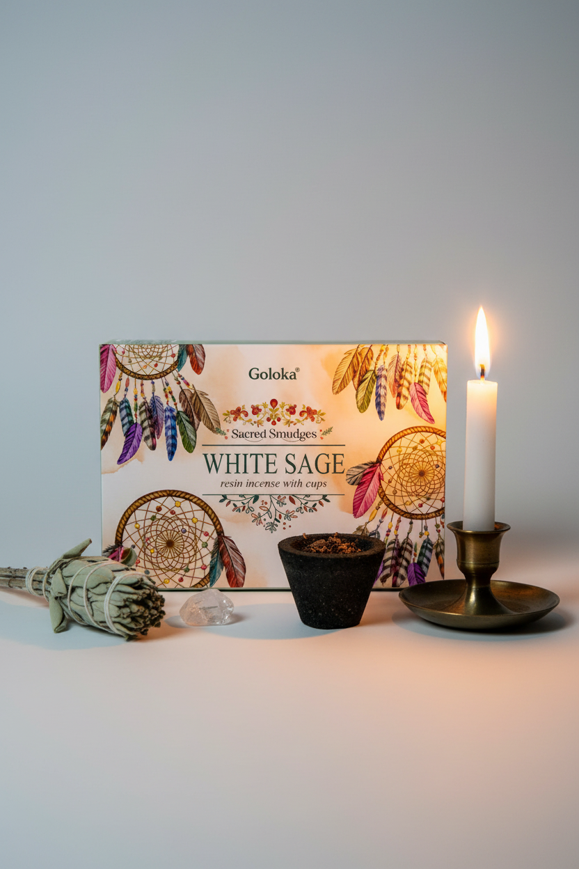 Goloka White Sage resin incense box and charcoal cup hero shot