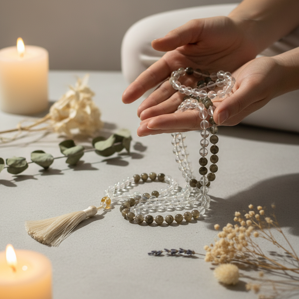 Hands in japa meditation holding labradorite and clear quartz mala with cream tassel in warm candlelight