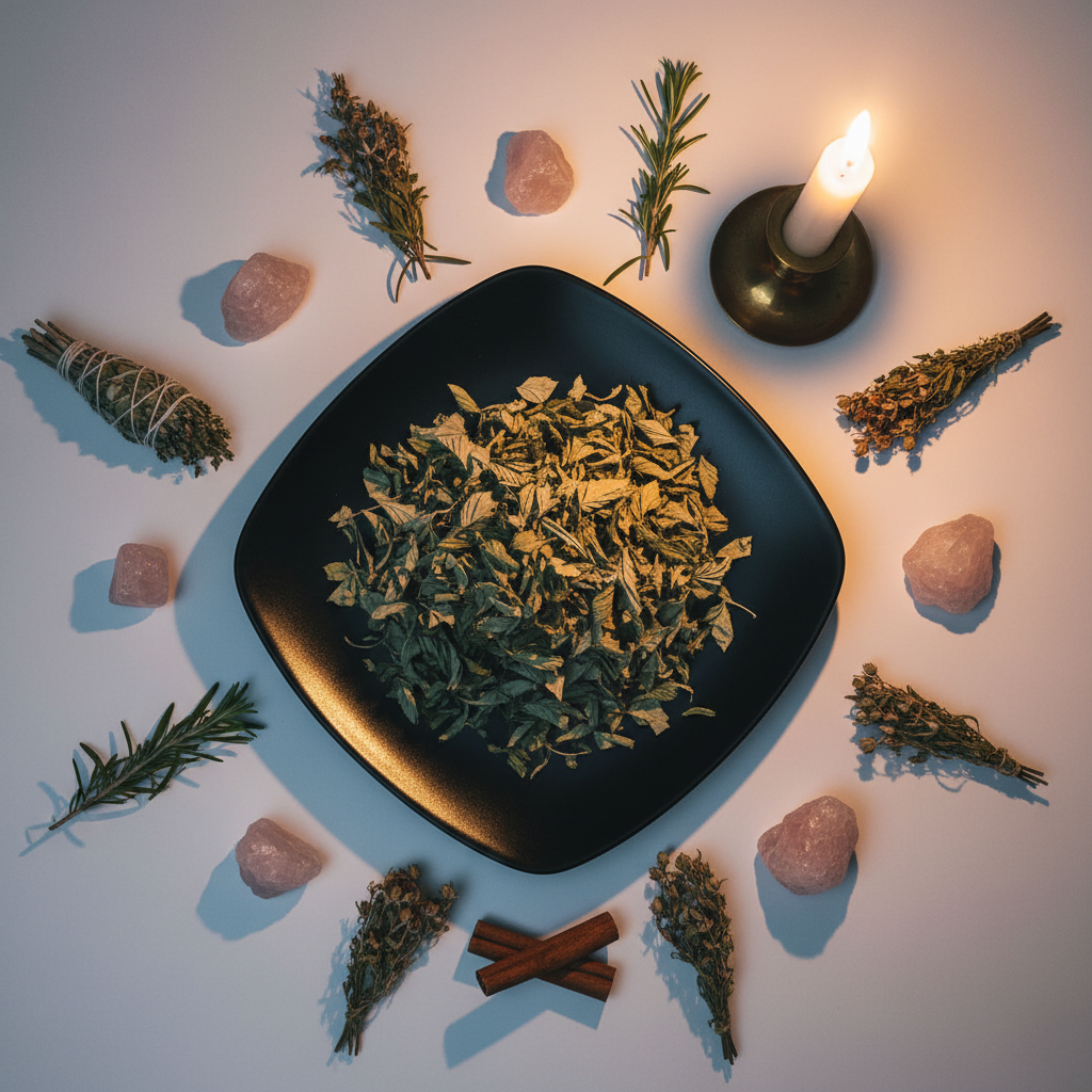 Raspberry leaf flat lay top down with props