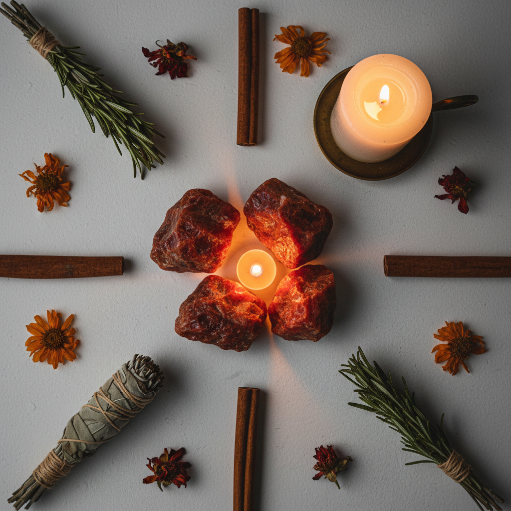 Raw rough carnelian flat lay top-down with orange flowers, cinnamon sticks and candlelight