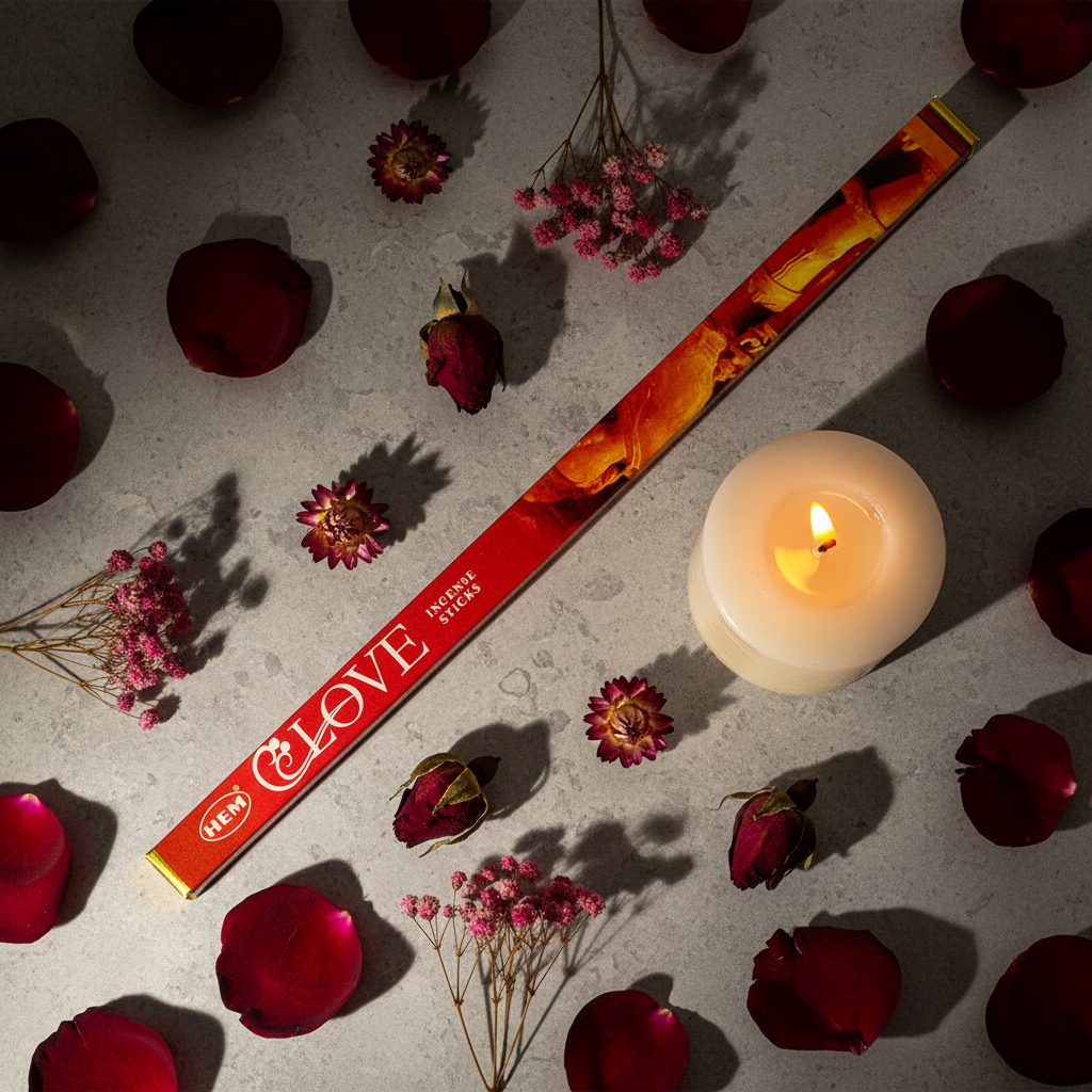 HEM Love Incense Sticks flat lay with rose petals and candle