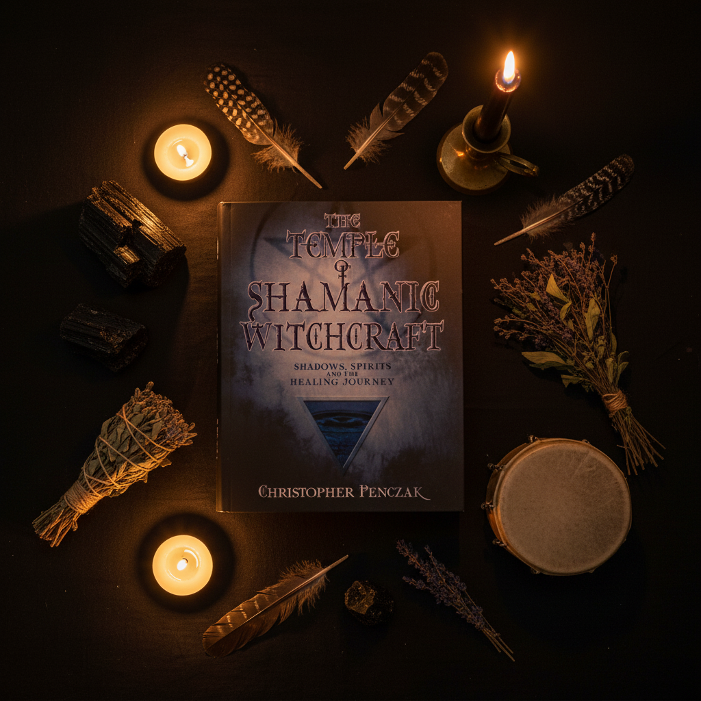 The Temple of Shamanic Witchcraft by Christopher Penczak - dark luxe flat lay with crystals, feathers and candle