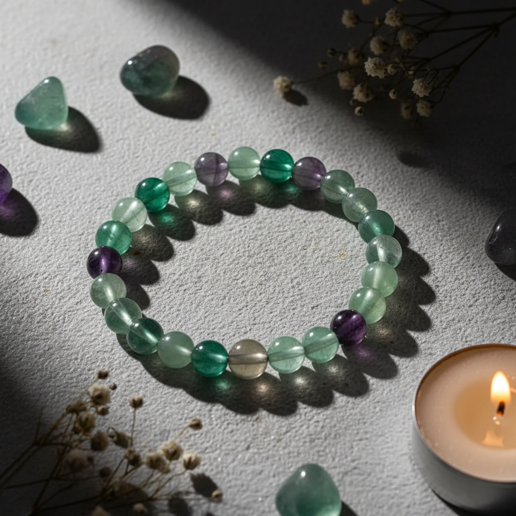 Rainbow fluorite beaded bracelet in circle showing green, purple and grey translucent beads with fluorite stones and white flowers