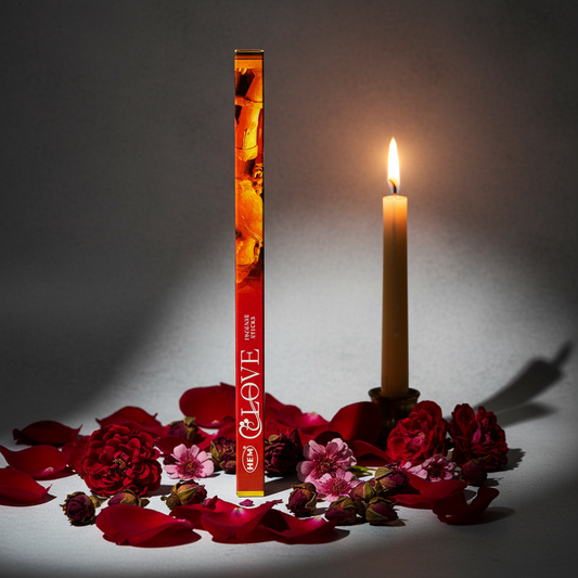HEM Love Incense Sticks hex box with rose petals and candlelight