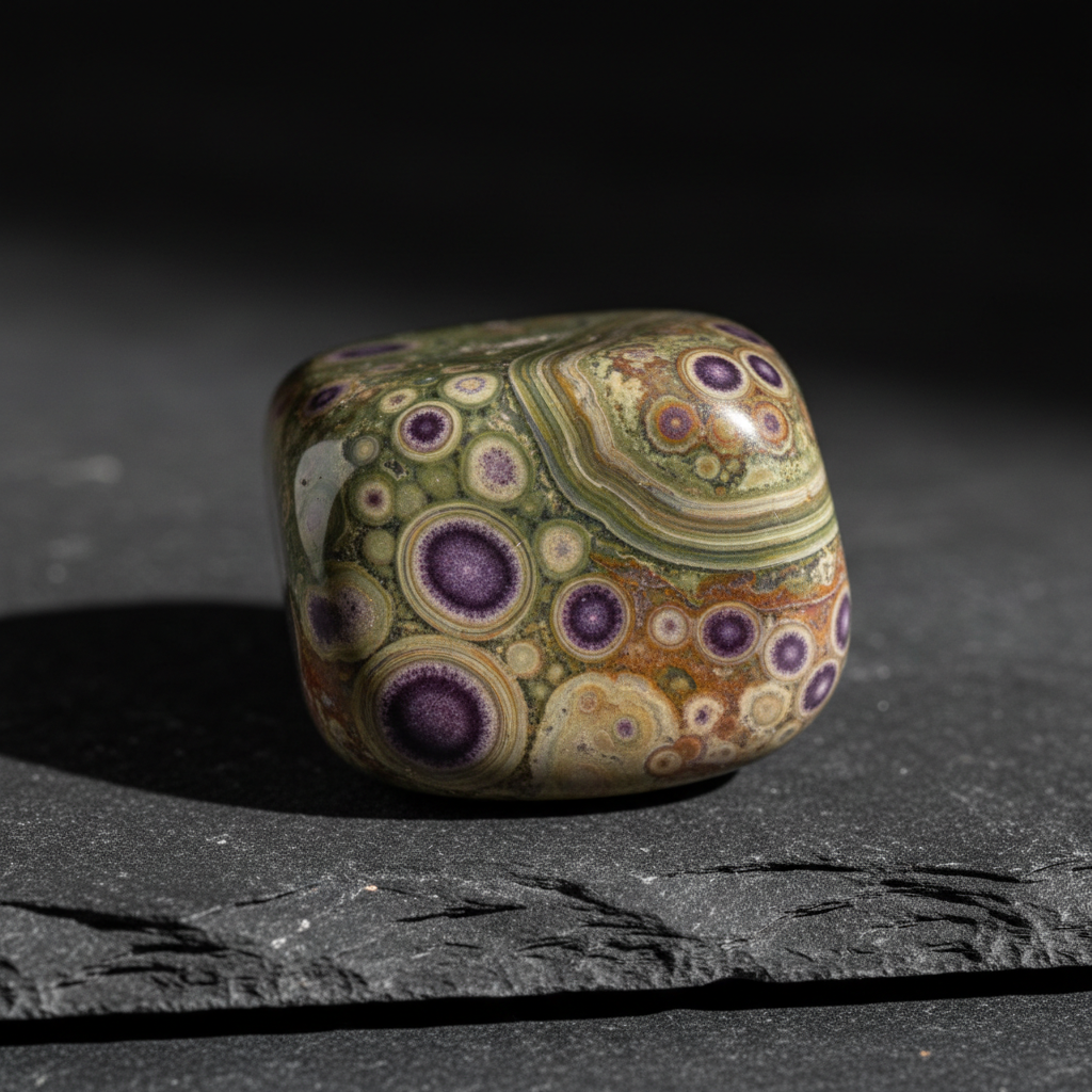 Tumbled Ocean Jasper purple dot crystal on dark slate surface
