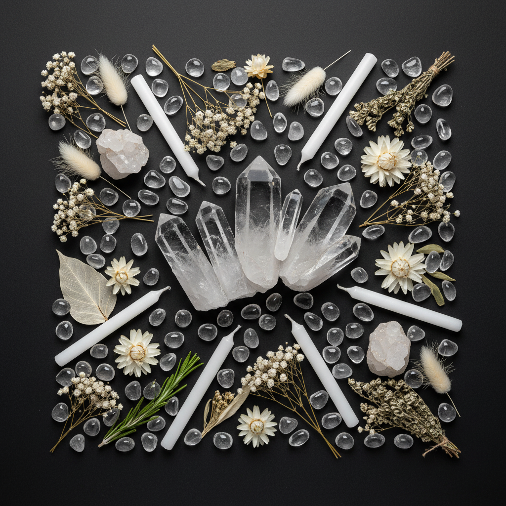 Flat lay with raw clear quartz crystal points, tumbles, dried white flowers and white candles on dark charcoal background