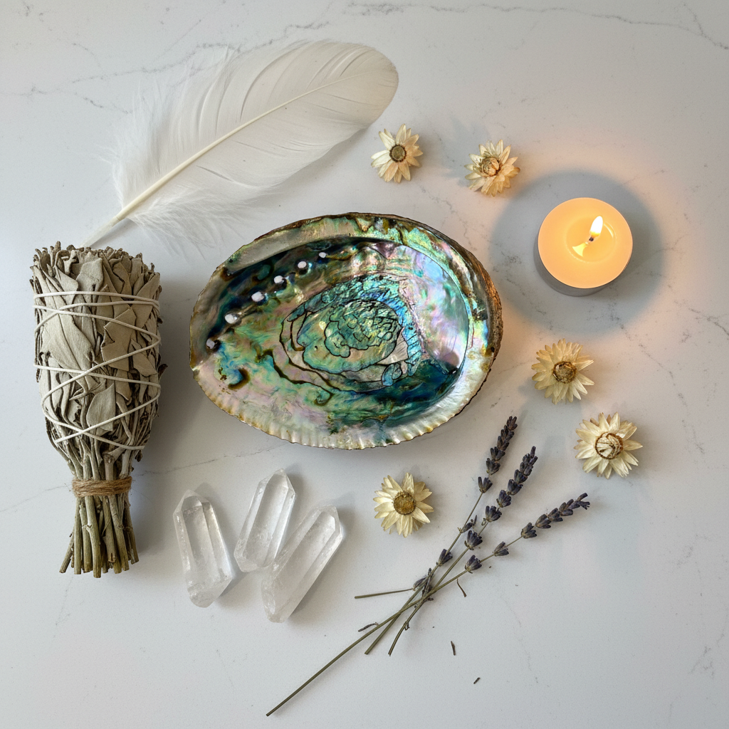 Flat lay of abalone shell smudge bowl with sage, feather, crystals and lavender props