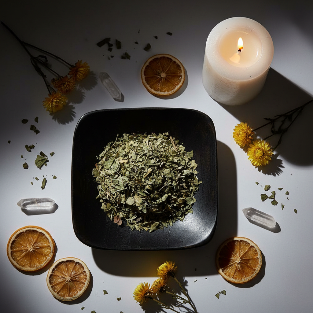 Lemon verbena flat lay top-down with black ceramic plate, candle, crystals and dried lemon