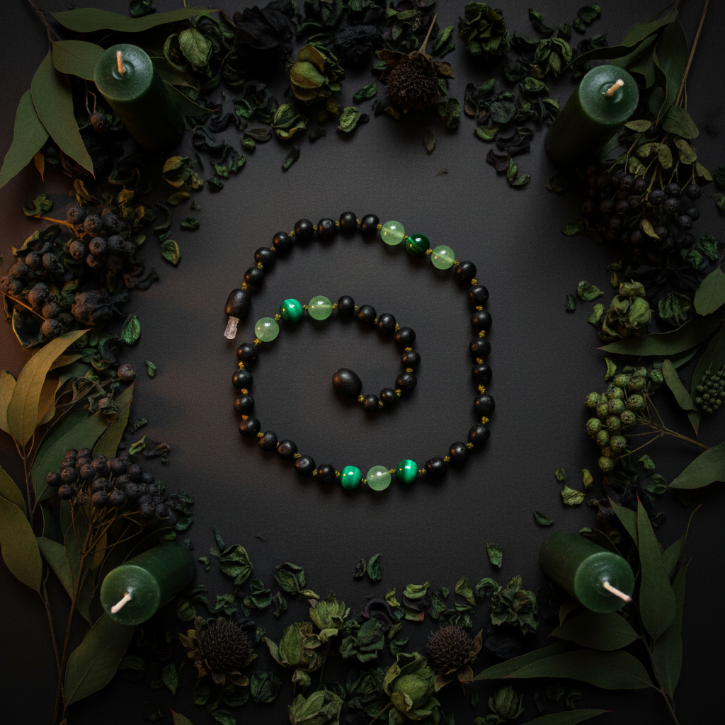 Raw molasses amber necklace with green aventurine and malachite flat lay with eucalyptus and dark green candles on charcoal background
