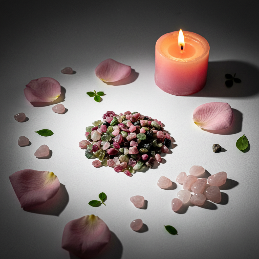 Handful of watermelon tourmaline chips with rose petals, rose quartz and pink candle props
