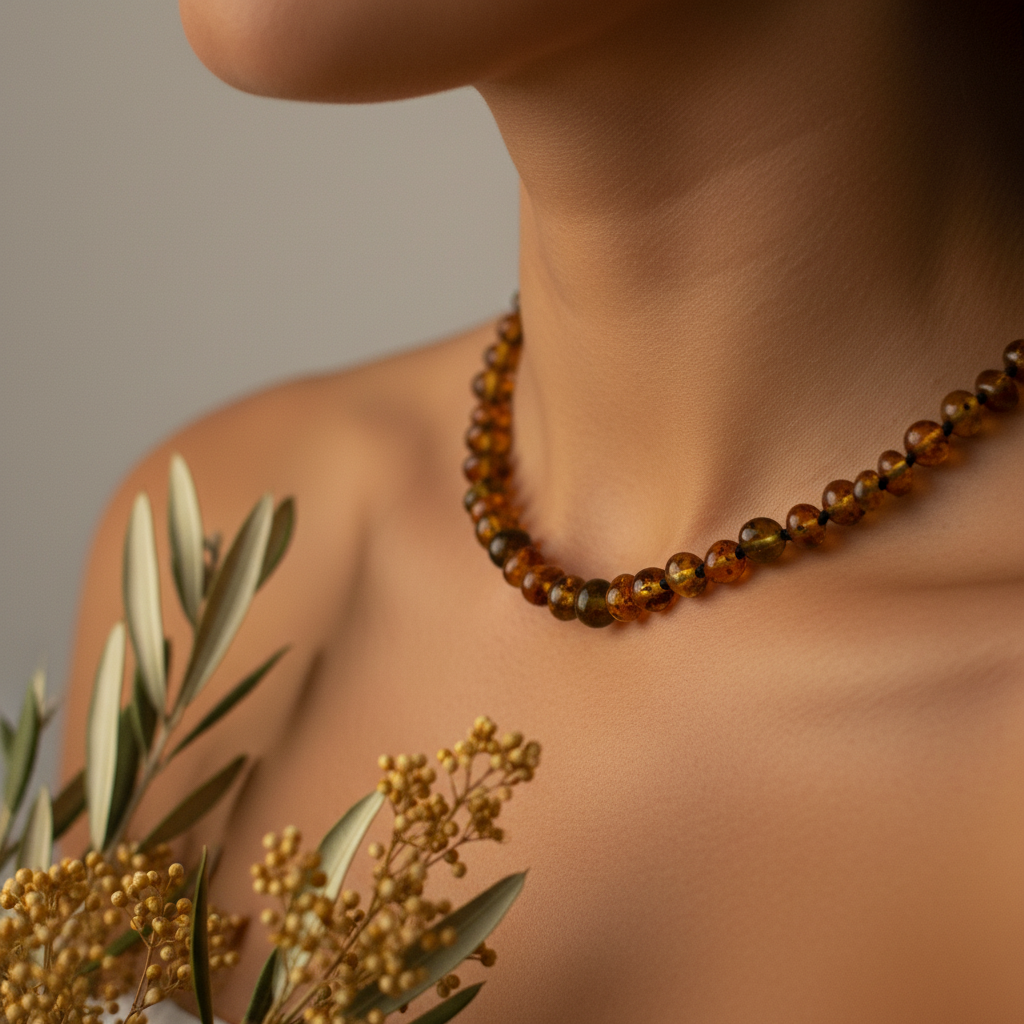 Polished olive Baltic amber necklace with earthy olive-green amber beads worn against skin in warm candlelight