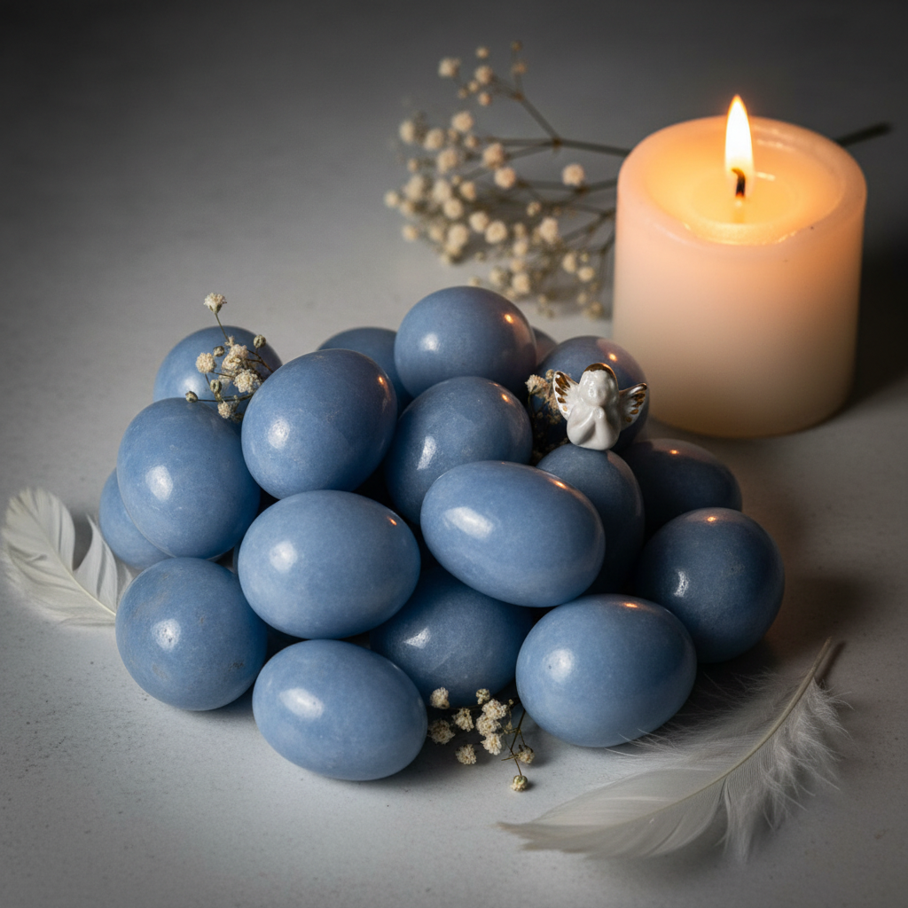 Cluster of angelite tumbled stones showing soft periwinkle blue color with white flowers and candle on light grey background