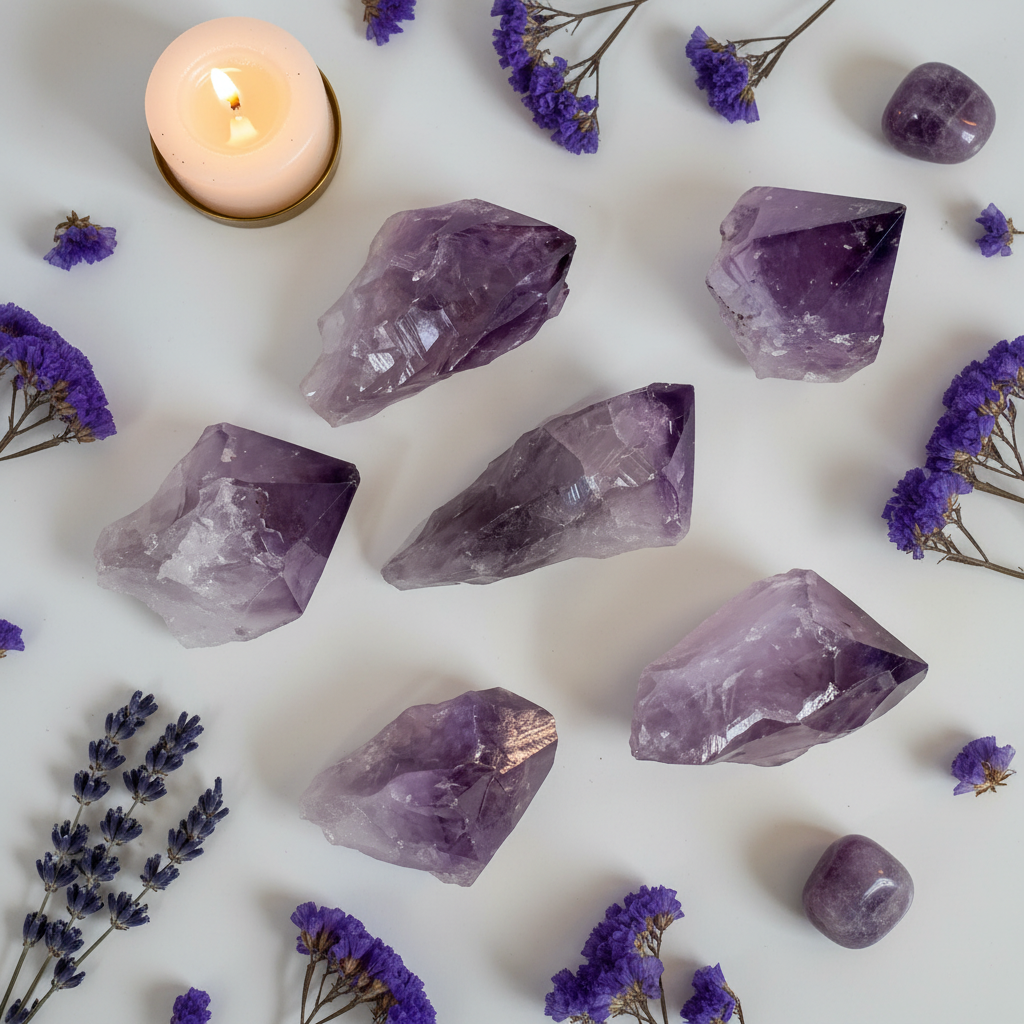 Flat lay of raw amethyst crystal points with lavender, purple flowers, tumbled stones and candle on light grey background