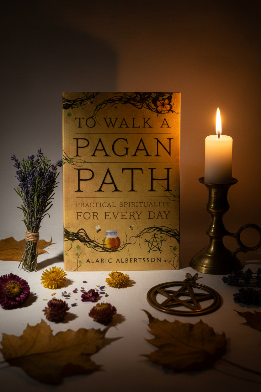 To Walk a Pagan Path book by Alaric Albertsson hero shot with herbs, pentacle and candlelight