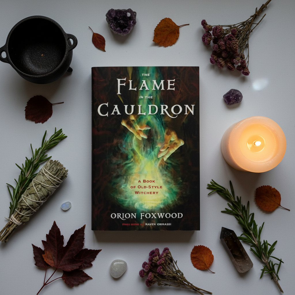 The Flame in the Cauldron flat lay top-down with props and candlelight