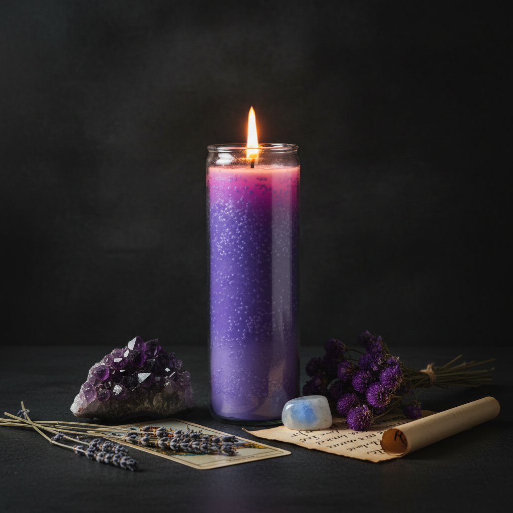Purple 7 day candle burning with amethyst cluster, lavender, tarot card, moonstone and parchment in warm candlelight